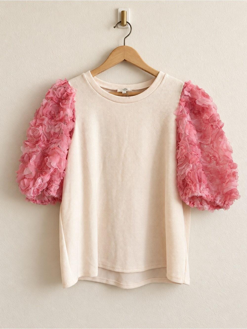 Entro Pink Floral 3D Puff Sleeve Textured Top Blouse Size Large